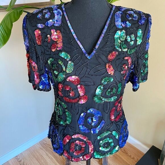 VINTAGE Stenay Sequin Beaded Flower Top - Picture 1 of 10
